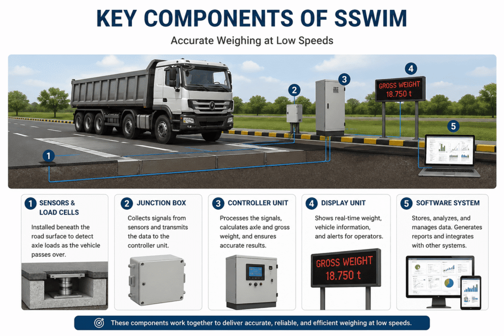 Slow Speed Weigh-in-Motion system components including sensors, junction box, controller unit, display and software system