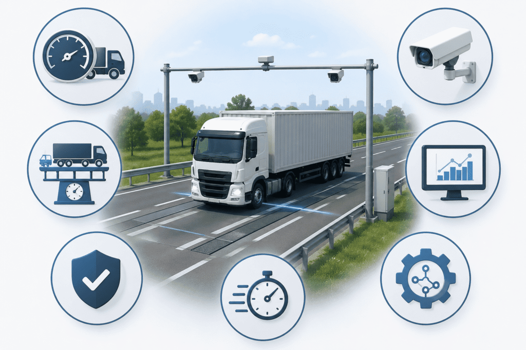 Medium-Speed Weigh-in-Motion (MSWIM) system showing truck weighing sensors and highway integration.