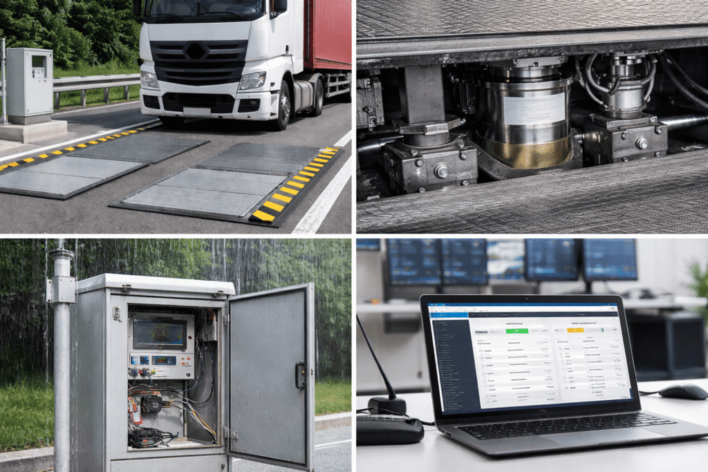 SLow Speed Weigh in Motion system showing truck on platform, load cells, control panel and monitoring software