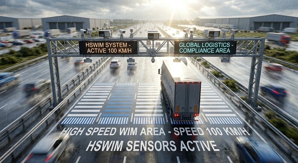 High-speed weigh-in-motion highway gantry and sensors for 100 km/h truck weighing.