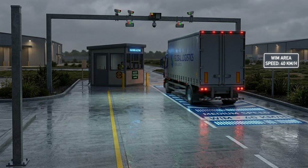 Medium-speed weigh-in-motion sensors on wet asphalt with delivery truck at night.