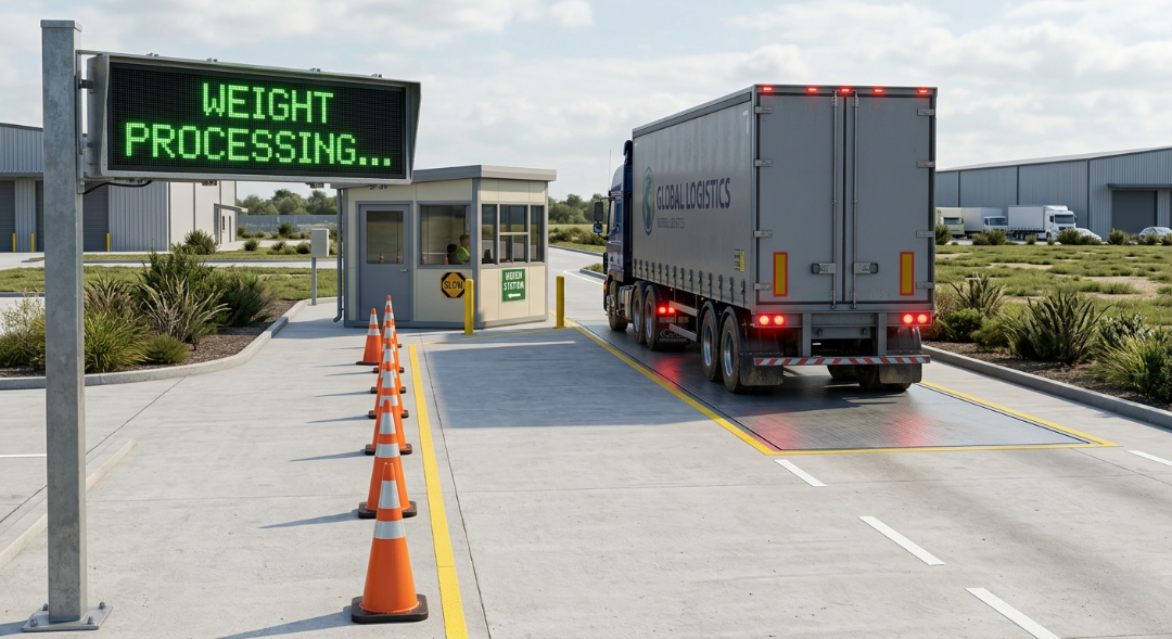 SLow-Speed Weigh-in-Motion system with logistics truck on single-platform scale.