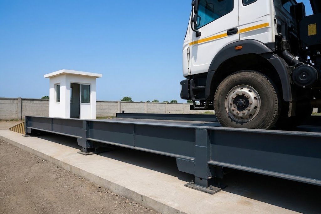 Pitless weighbridge installation for truck weighing with above-ground steel platform and ramps.