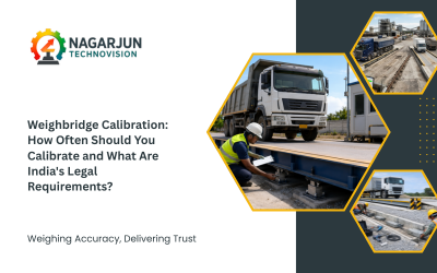 Technician performing weighbridge calibration using certified test equipment while inspecting a truck on an industrial weighbridge in India.
