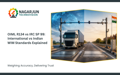Comparison of OIML R134 and IRC SP 99 Weigh in Motion standards showing a highway WIM system with trucks, road sensors, and international versus Indian compliance concepts.