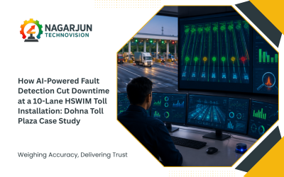 AI-powered fault detection dashboard monitoring a 10-lane High-Speed Weigh-in-Motion (HSWIM) system at Dohna Toll Plaza with real-time predictive maintenance alerts.