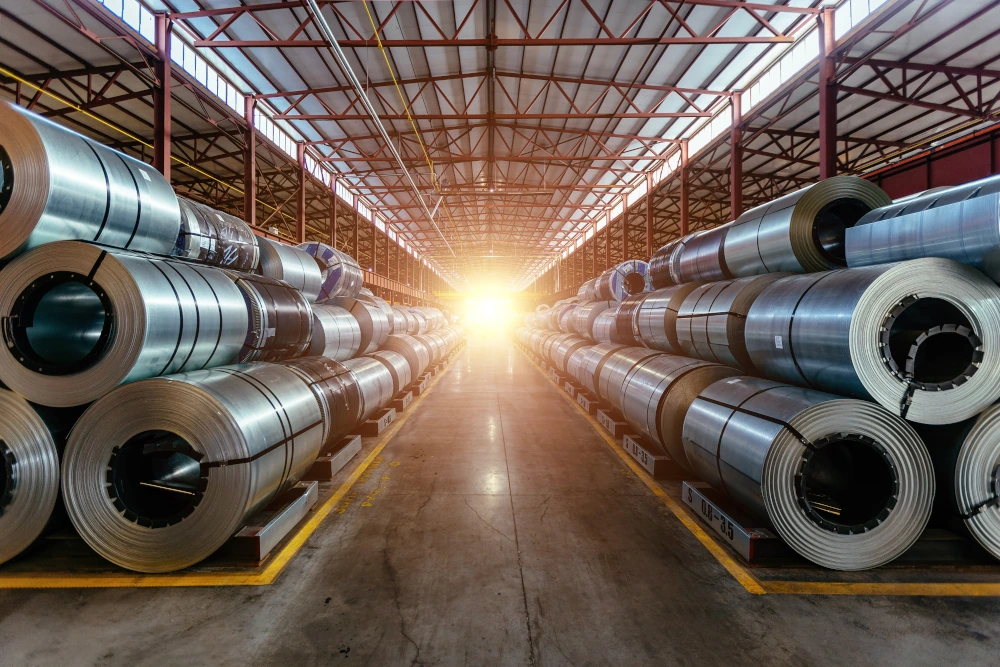 Steel manufacturing facility with metal coils and industrial weighing equipment.