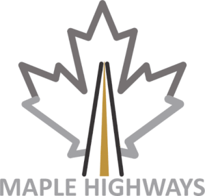 Maple Highways logo featuring a stylized white maple leaf inside a blue diamond outline above the brand name