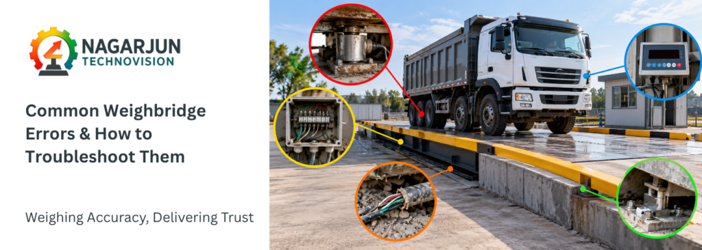 Truck weighbridge troubleshooting showing load cell, damaged cable, junction box and digital indicator