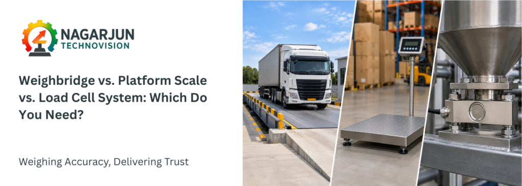 Industrial weighing solutions showing truck weighbridge, platform weighing scale and load cell system