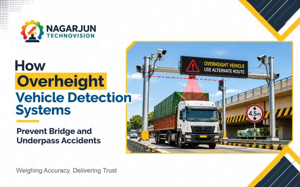 Overheight Vehicle Detection System detecting an oversized truck near a highway underpass using sensors and automatic warning signs to prevent bridge accidents – Nagarjun Technovision.