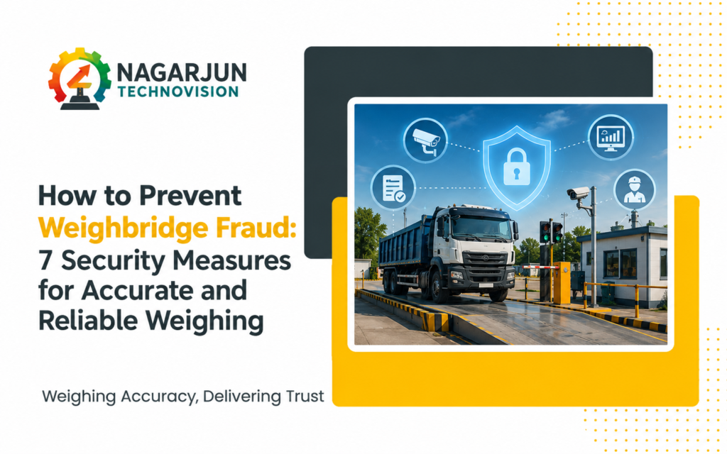 "Nagarjun Technovision weighbridge fraud prevention banner showing a truck on a digital weighbridge with CCTV surveillance, security monitoring, and anti-fraud protection measures for accurate and reliable weighing."