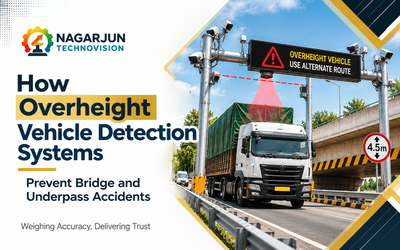 Overheight Vehicle Detection System monitoring a truck near a highway underpass using height sensors and automatic warning signs – Nagarjun Technovision